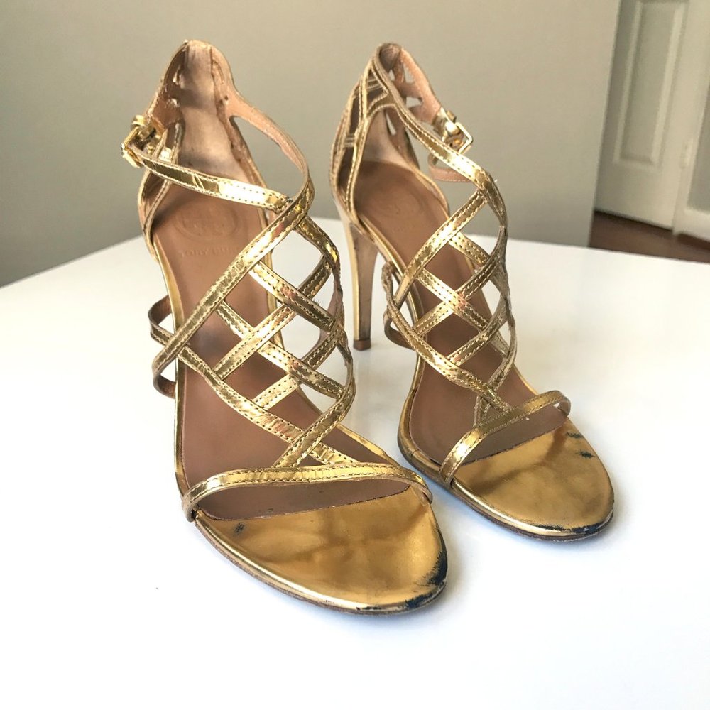 Tory Burch Amalie Gold High Heel Sandals Size 7.5 - Picture 4 of 7